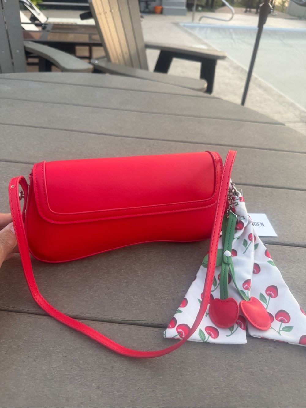 Steve Madden Tomato Red Shoulder Bag Cherry Scarf Charm NWT